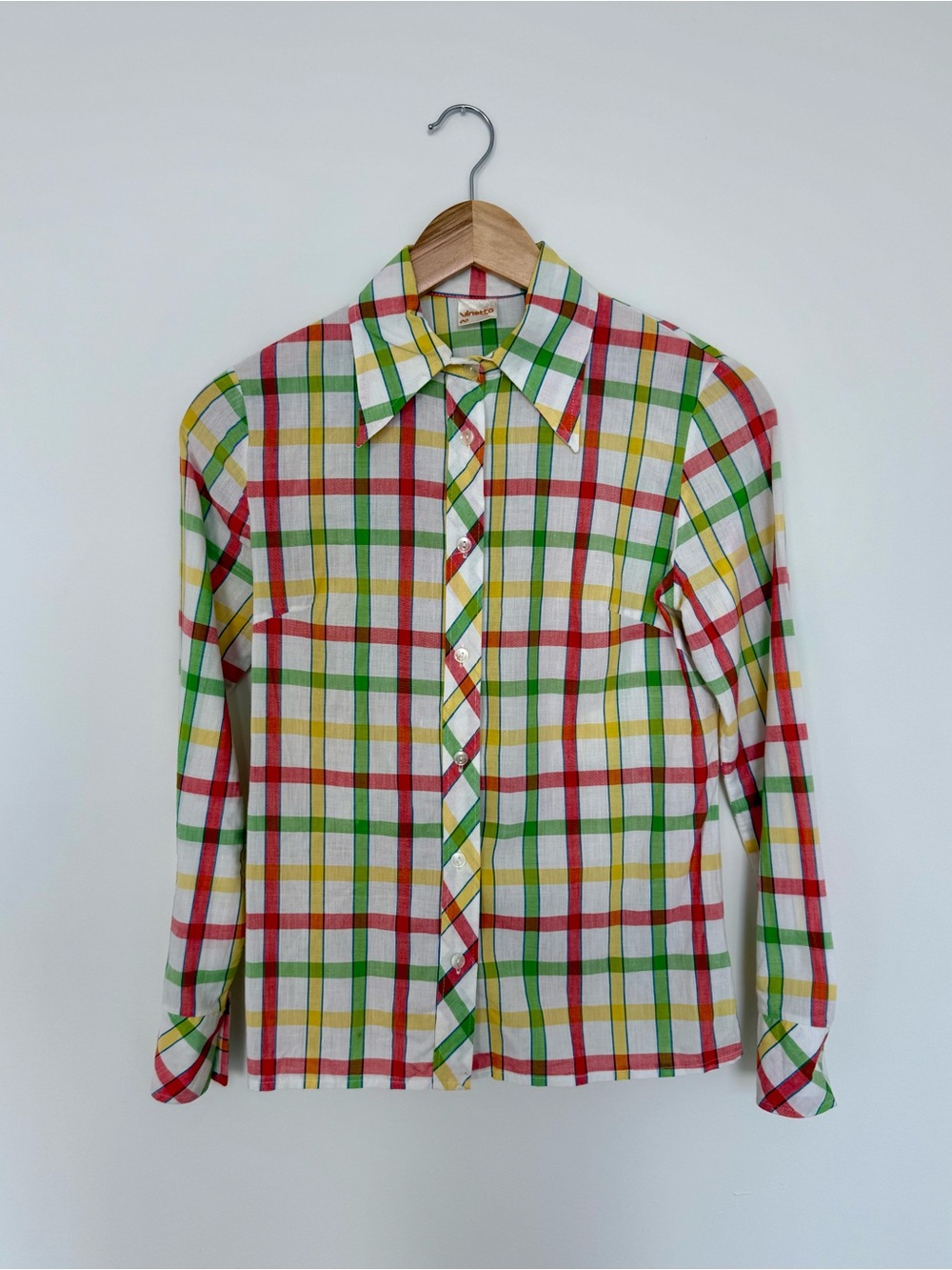 Vintage Multicolor Plaid Cotton Button-Down Shirt XS 34 Made in Europe